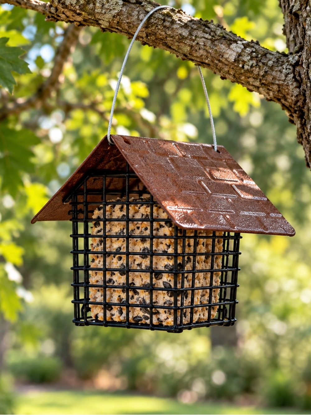 Durable Brown Roof Suet Bird Feeder with Black Cage